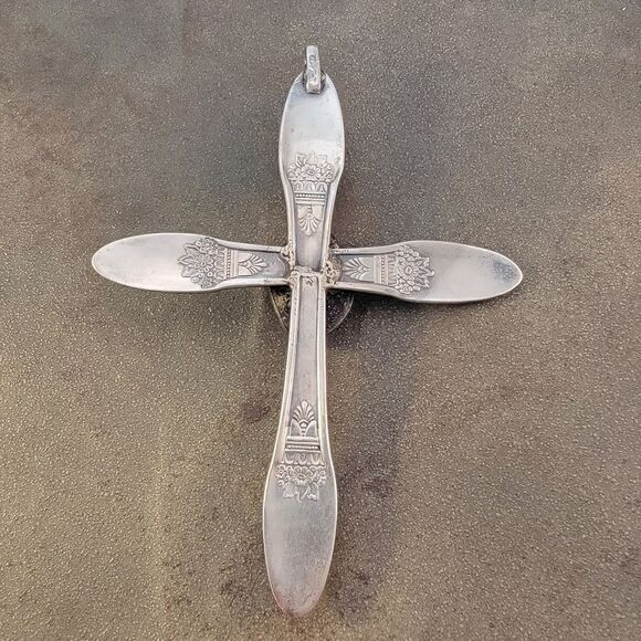 Huge Vintage Sterling Turquoise Antique Silverware Cross Pendant - Picture 7 of 10